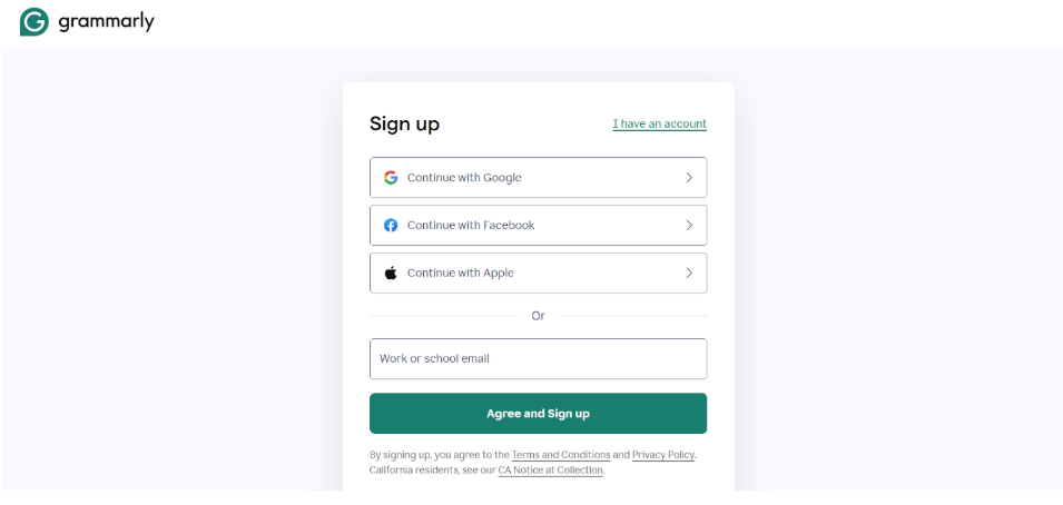 Grammarly Sign up page