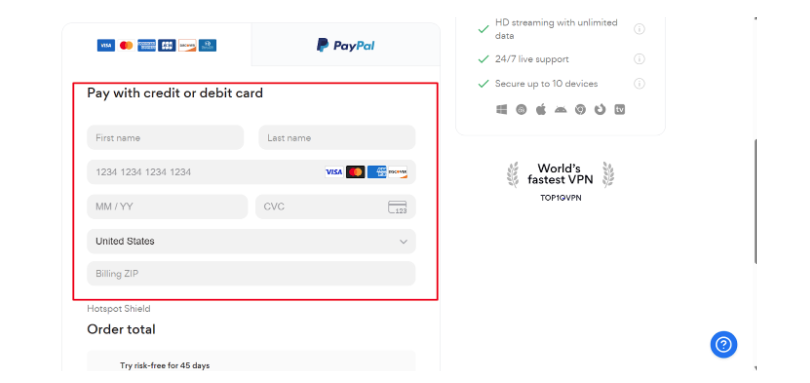 Hotspot Shield payment information