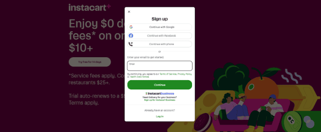 Instacart Signup page Instacart Signup page