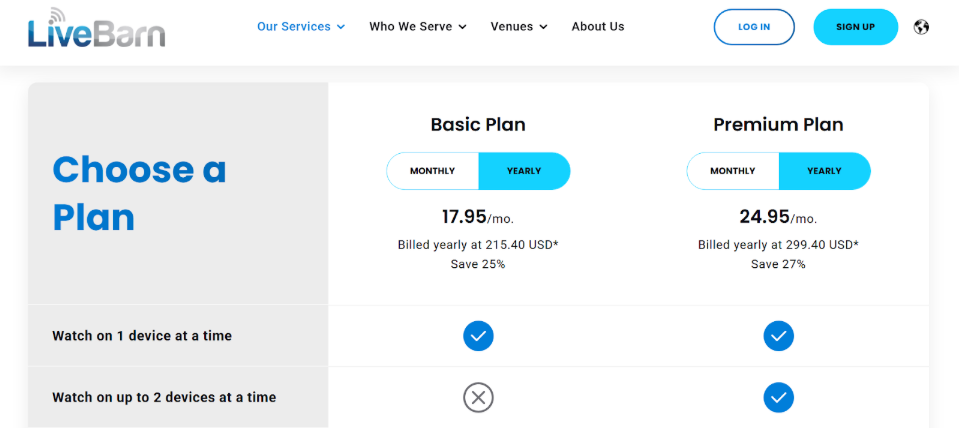 LiveBarn’s pricing Page
