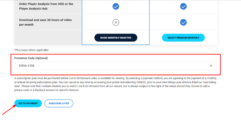 LiveBarn’s promo code box