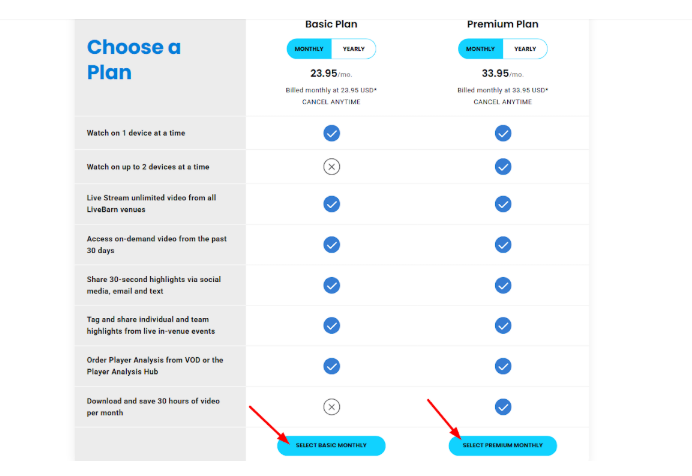 LiveBarn’s subscribtion plan