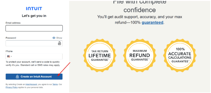 TurboTax account creation page