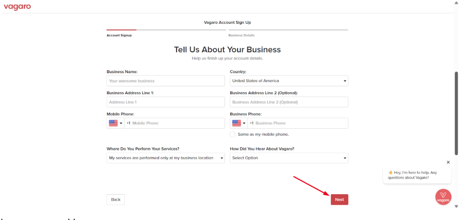 Vagaro Signup page