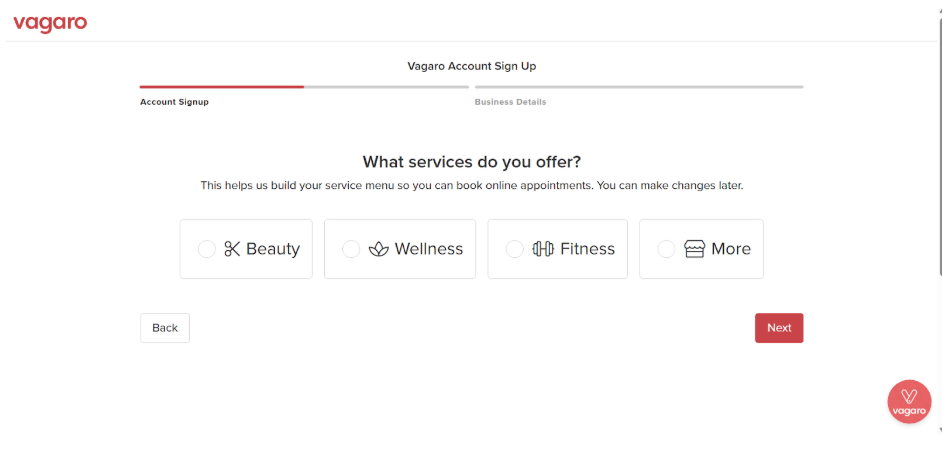 Vagaro Signup process Questions page