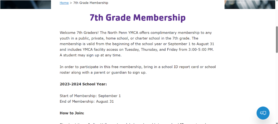 YMDA 7th grader complimentary membership