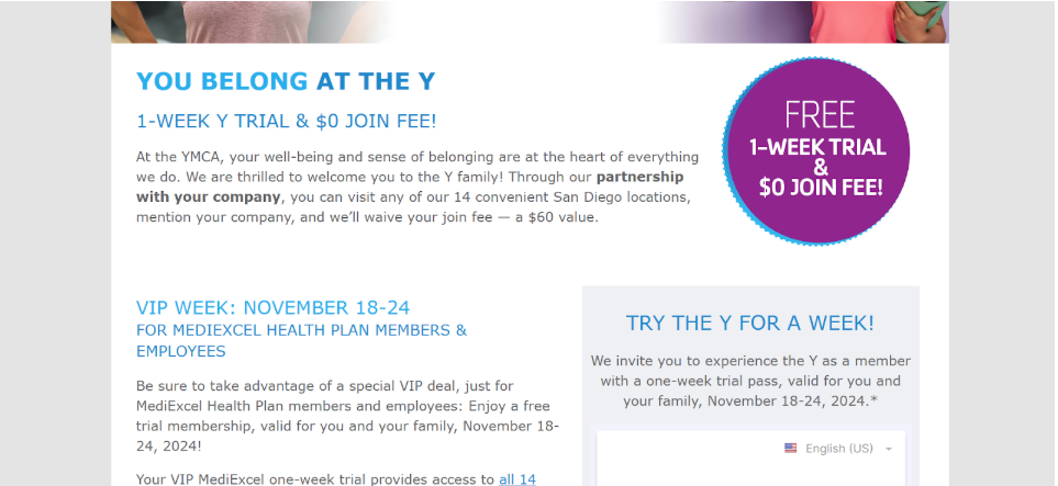 YMCA Free trial page