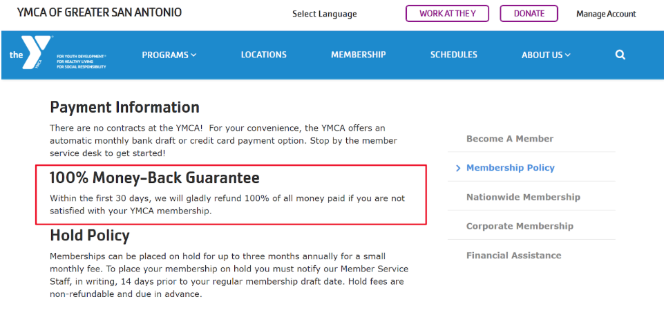 YMCA Refund policy