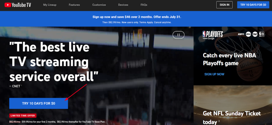 website of YouTube TV