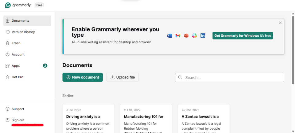 free Grammarly account page