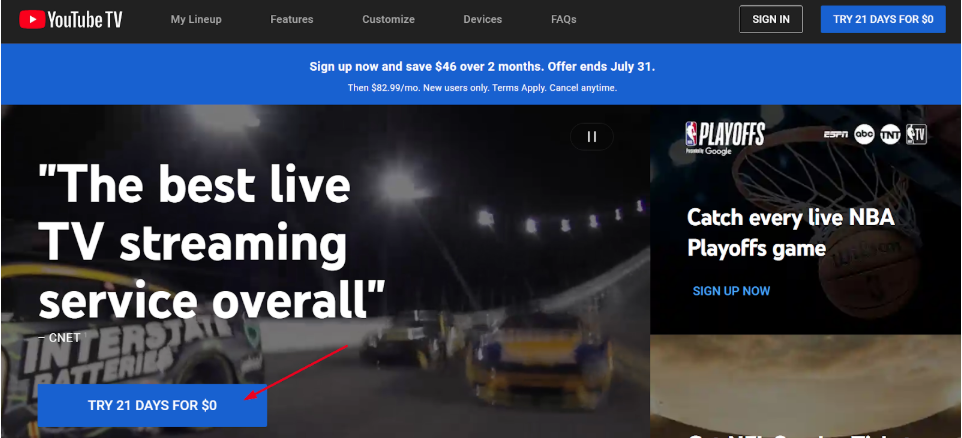 official website of YouTube TV