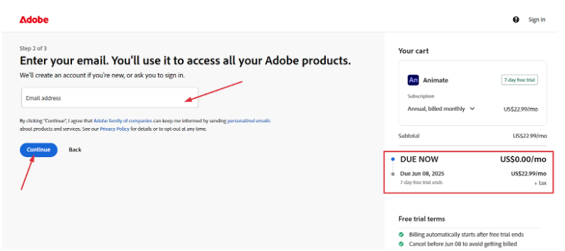 Adobe Account creation page