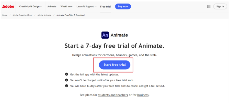 Adobe Animate free trial page