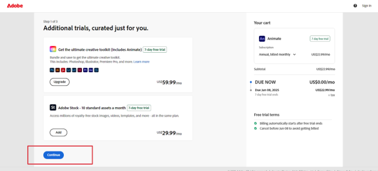 Adobe checkout page