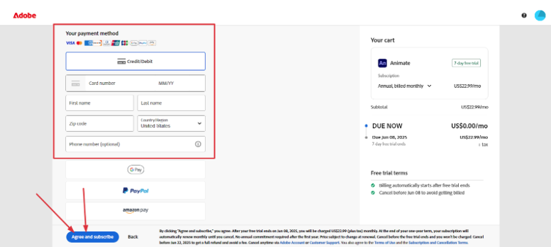 Adobe payment page