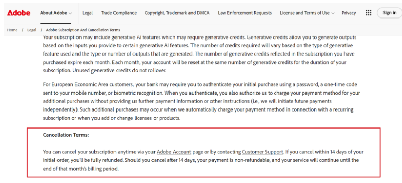 Adobe trial cancellation terms