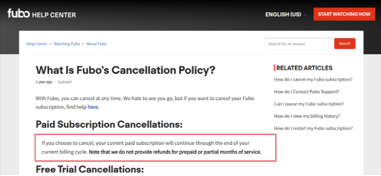 Fubo's cancellation policy