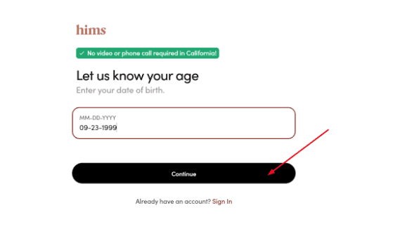 Hims Date of birth selection page