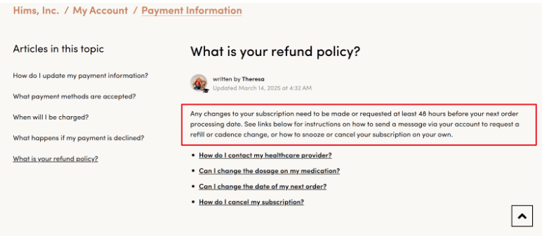 Hims Refund policy