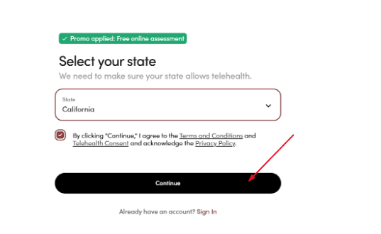 Hims State Selection page