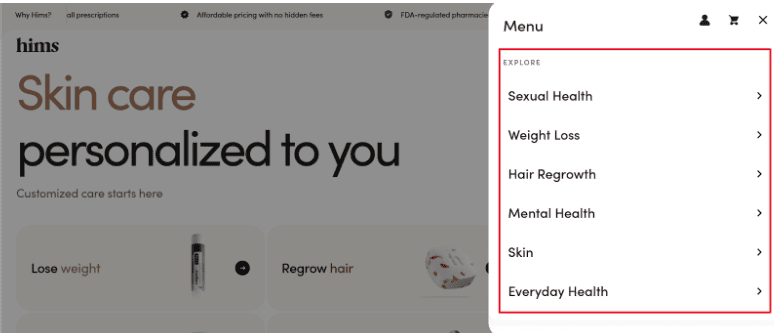 Hims Website category selection option