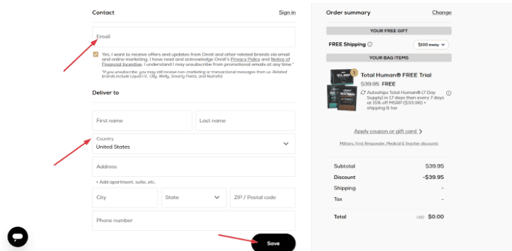 Onnit shipping details on checkout page