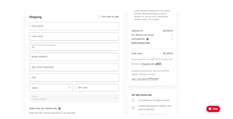 Peloton Shipping information