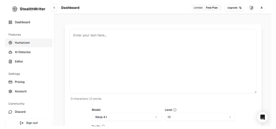 Stealth Writer AI free trial dashboard