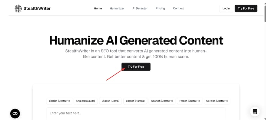Stealth Writer AI homepage Stealth Writer AI homepage