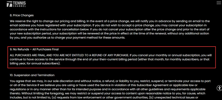 Tennis Channel No Refunds