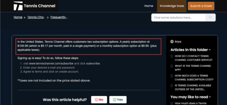 Tennis Channel paid subscription