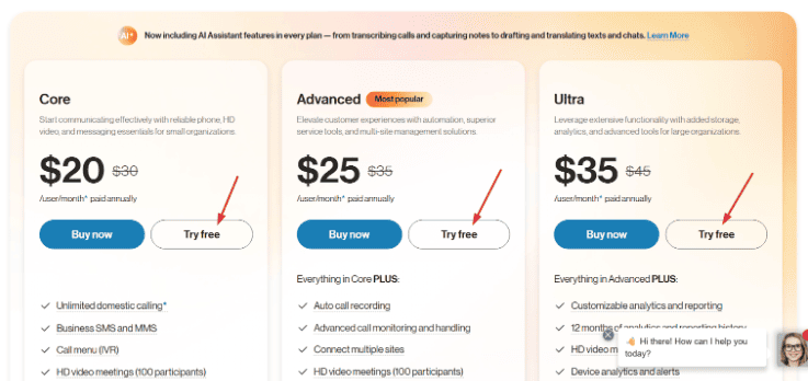 pricing page of RingCentral