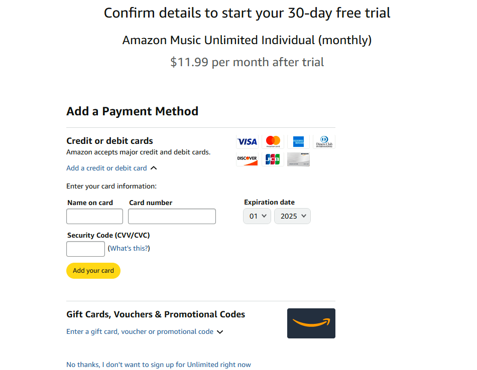 Amazon Music Checkout Page