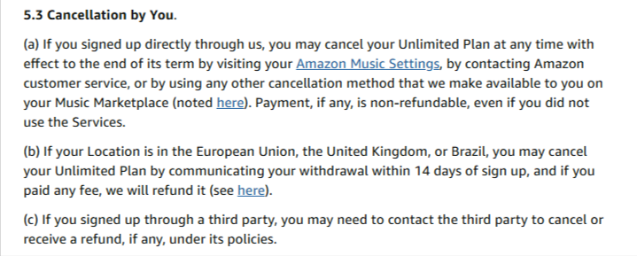 Amazon Music Terms and Service Page