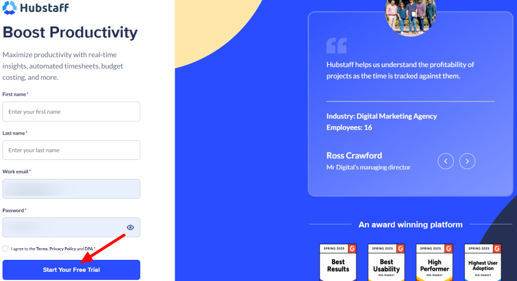 Hubstaff Sign Up Page
