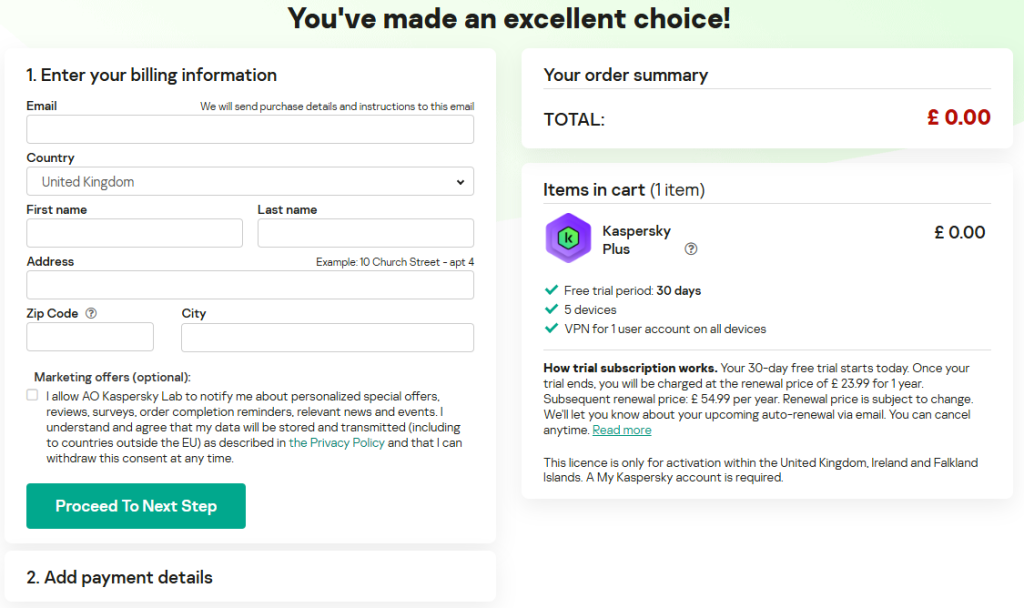 Kaspersky Checkout Page