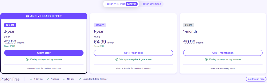 Proton VPN Pricing Page