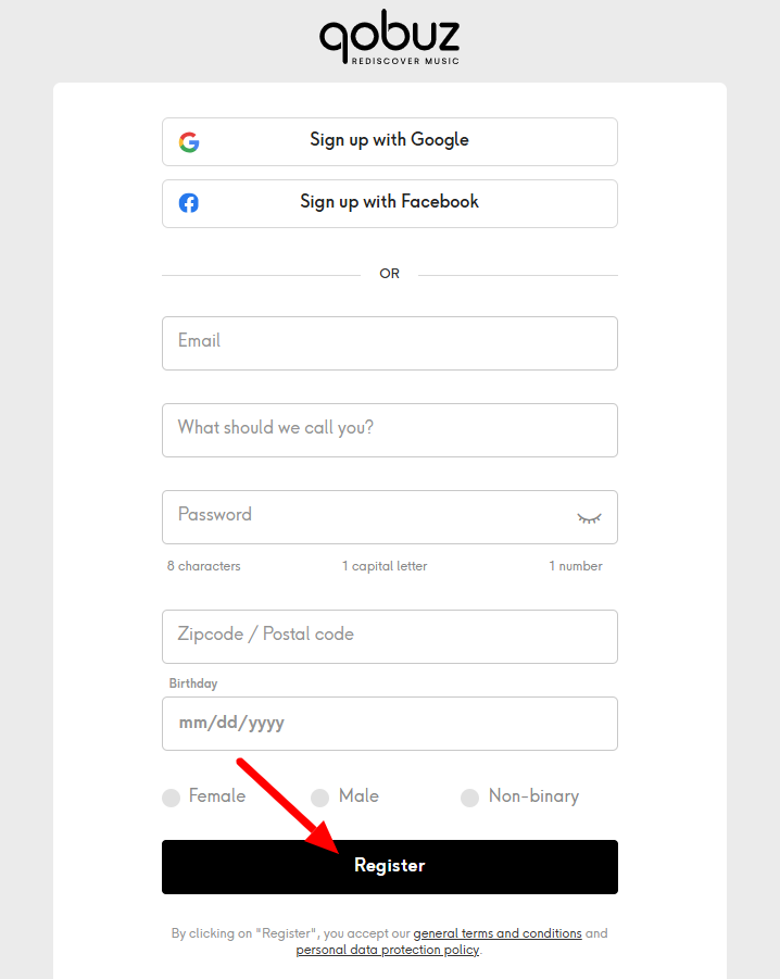 Qobuz Sign Up Page