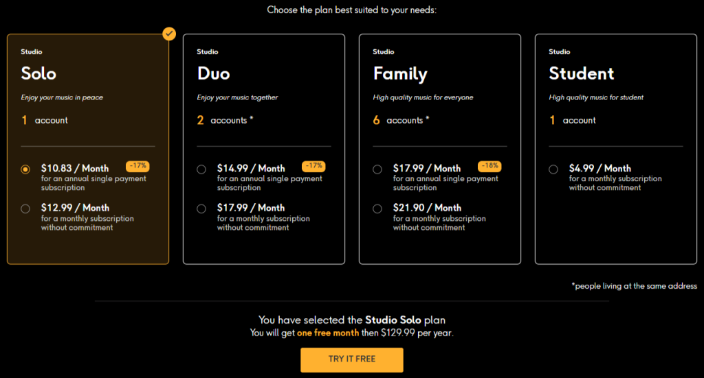 Qobuz Studio Pricing Plans