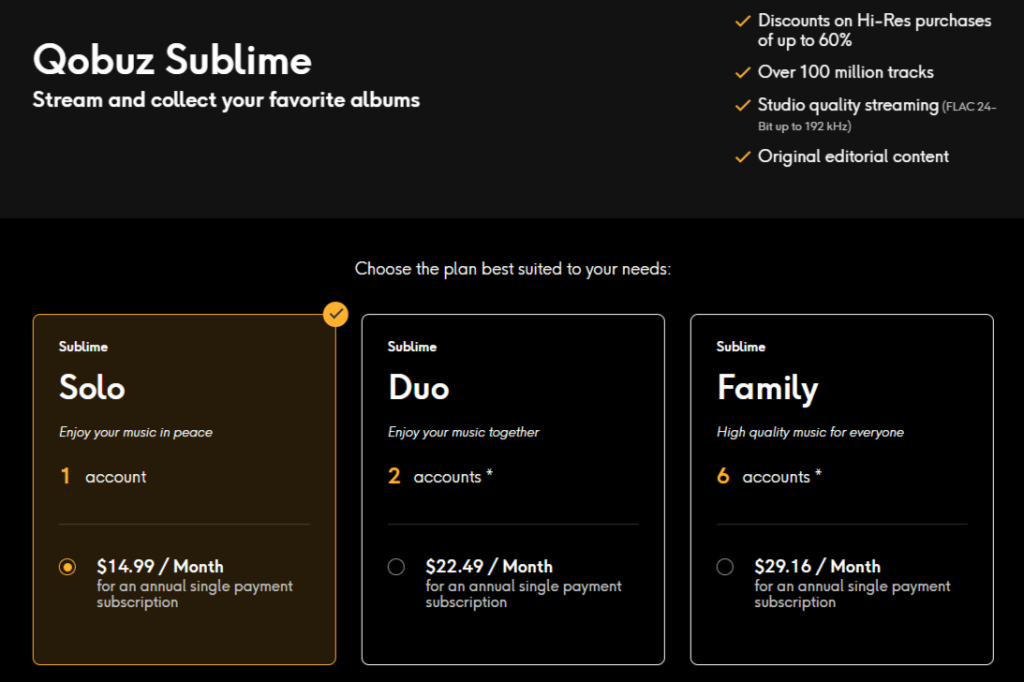 Qobuz Sublime Pricing Plans