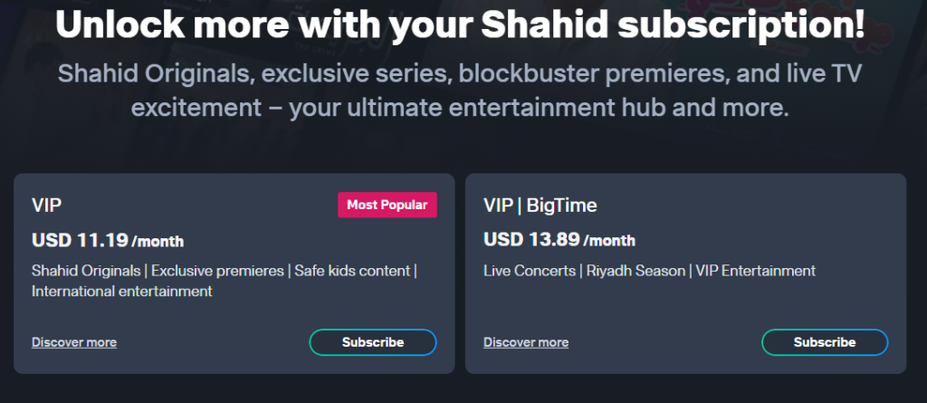 Shahid Pricing Plans