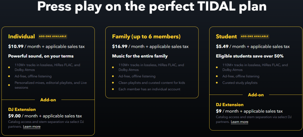 TIDAL Pricing Plans