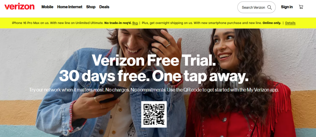 Verizon Free Trial page