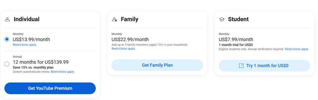 YouTube Pricing Plans