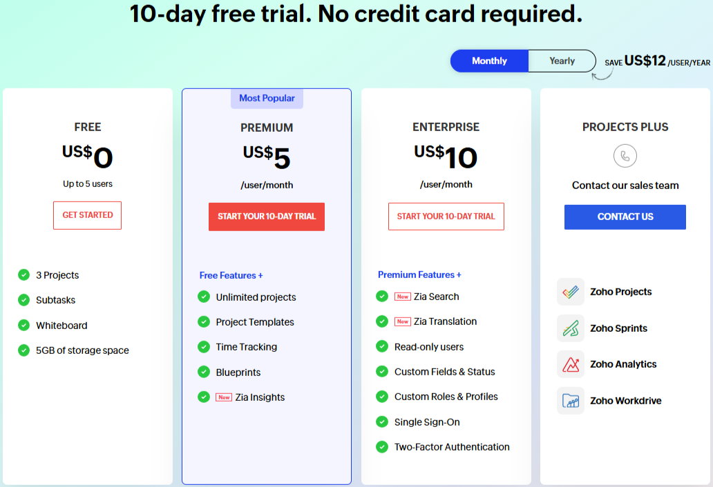 Zoho Projects Monthly Pricing Plans