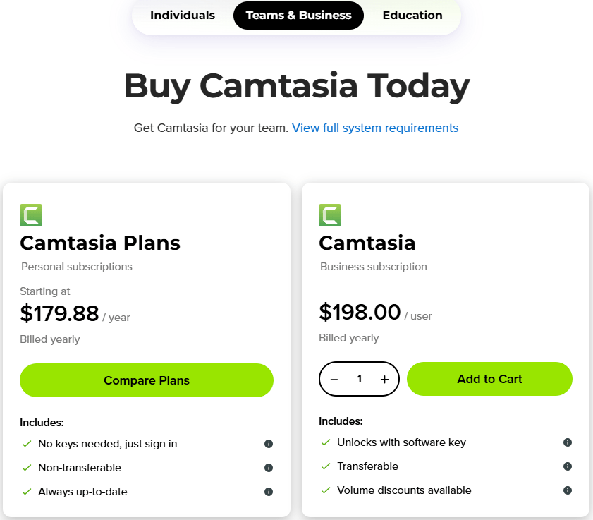 Camtasia Teams & Business Plans