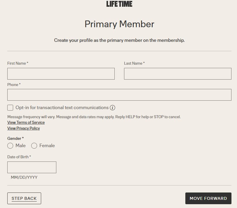 Lifetime Fitness Primary Member Page
