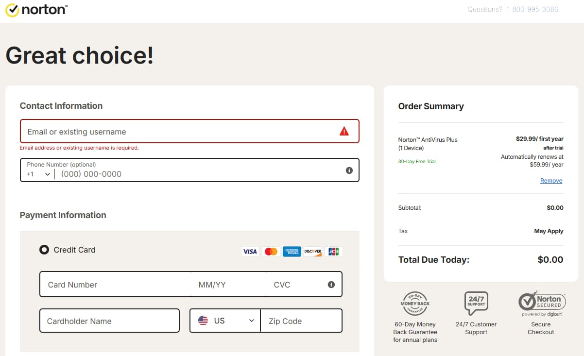 Norton 30 Day Free Trial Checkout Page