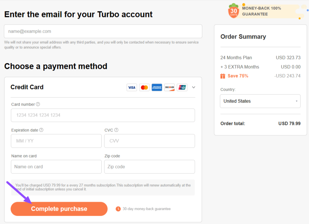 Turbo VPN Checkout Page